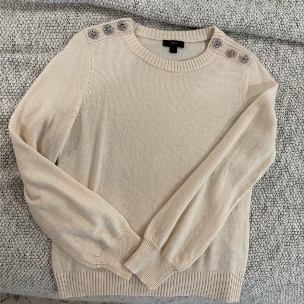 J Crew Cream Wool Sweater with Rhinestone Accents - M